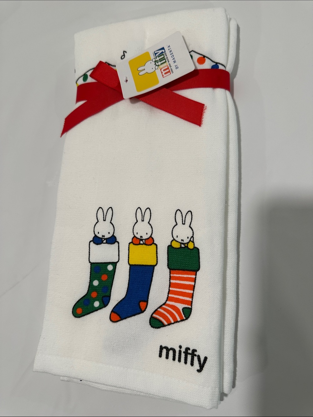 RARE Set of 2 Miffy Kitchen Towels by Magenta Christmas Stocking Bunny